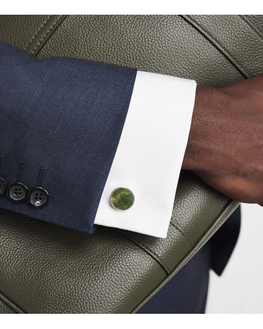 Babette Wasserman Natural Rhodium-Plated Jade Circle Cufflinks for men