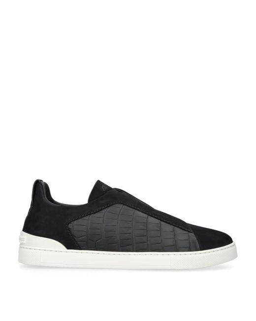 Zegna Black Crocodile Leather Triple Stitch Secondskin Sneakers for men