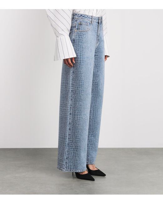 Self-Portrait Blue Croc-Effect Wide-Leg Jeans