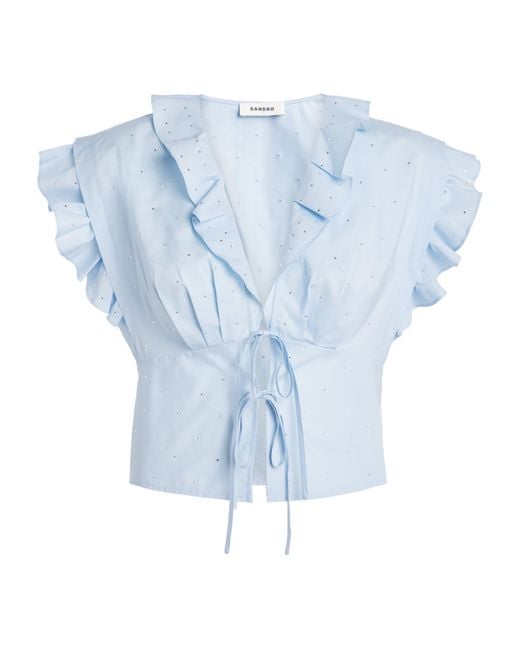 Sandro Blue Cotton Crystal Crop Top