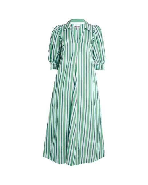 Ganni Green Organic Cotton Striped Maxi Dress