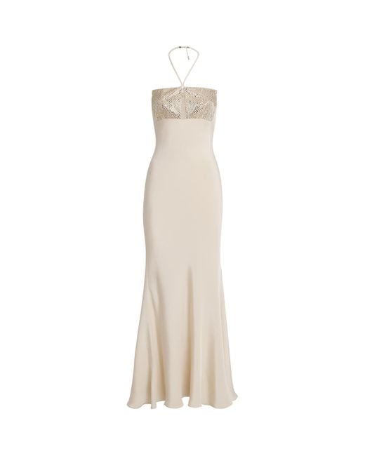 Roland Mouret White Silk Embellished Halterneck Maxi Dress