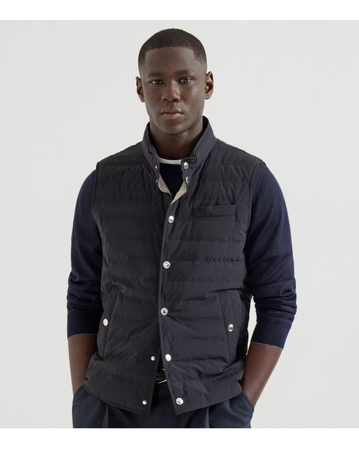 Brunello Cucinelli Blue Bonded Taffeta Down Gilet for men