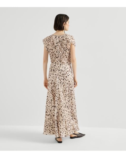 Brunello Cucinelli Natural Silk Pongee Lynx Print Maxi Dress