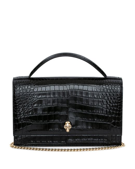 McQueen Black Leather Skull Top Handle Bag