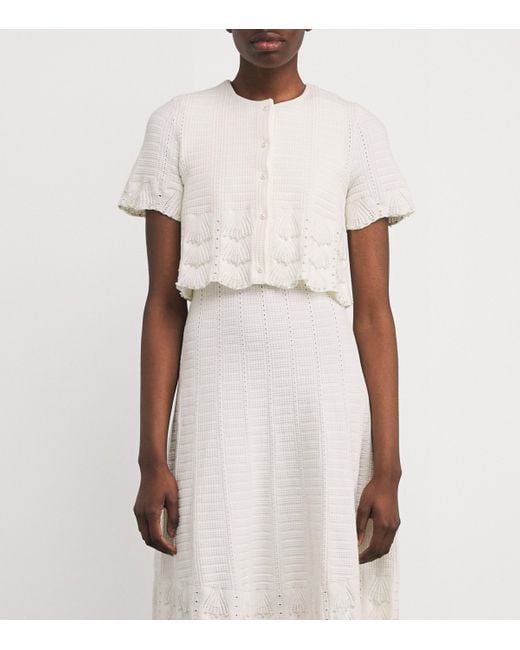 Maje White Pointelle Beaded Cropped Cardigan