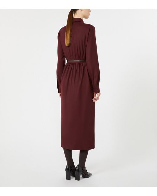 Max Mara Red Stretch-Virgin Wool Belted Shirt Dress