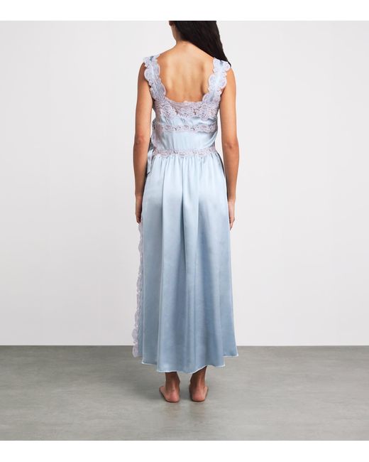 Loretta Caponi Blue Silk Lace-Detail Sabina Nightdress