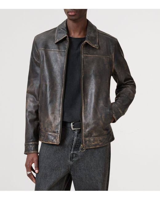 AllSaints Black Allsaints Alkan Collared Zip Up Two Tone Leather Jacket for men