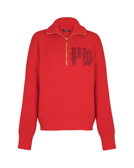 Balmain Red Virgin Wool Half-Zip Sweatshirt for men