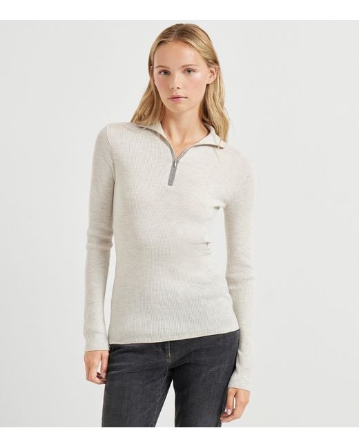 Brunello Cucinelli White Virgin Wool-Cashmere Rib-Knit Sweater