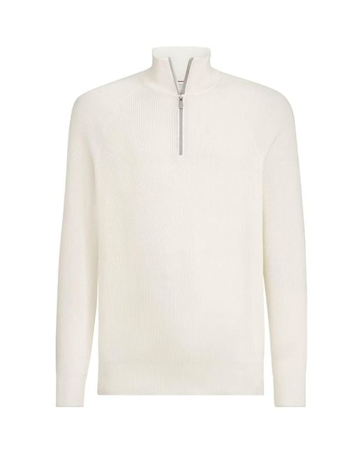 Brunello Cucinelli White Cotton Rib-Knit Quarter-Zip Sweater for men