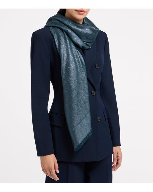BVLGARI Blue Silk-Wool Logo Scarf