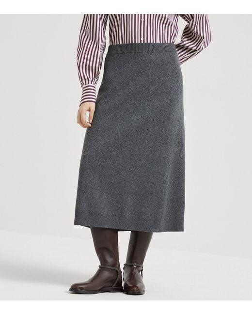 Brunello Cucinelli Gray Cashmere Double-Knit Midi Skirt
