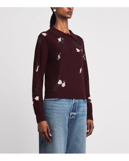 Erdem Red Merino Wool Floral Polo Sweater