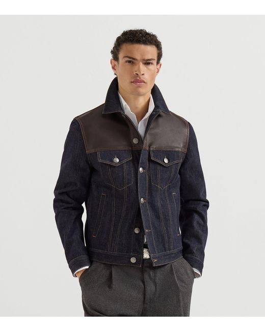 Brunello Cucinelli Black Leather-Trim Denim Jacket for men