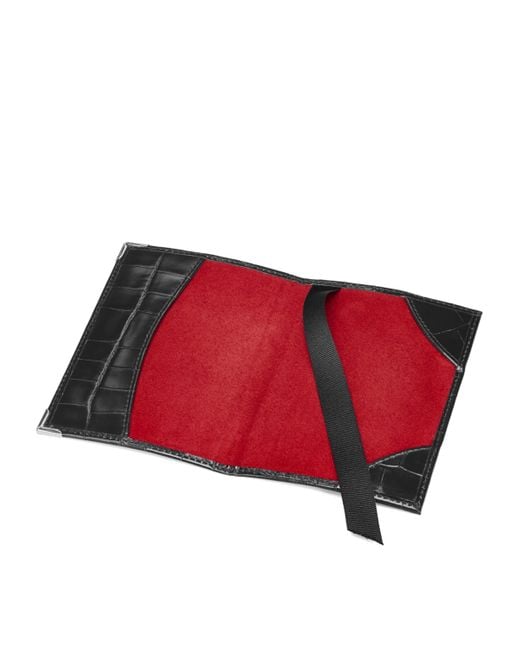 Aspinal Black Croc-Embossed Passport Cover for men