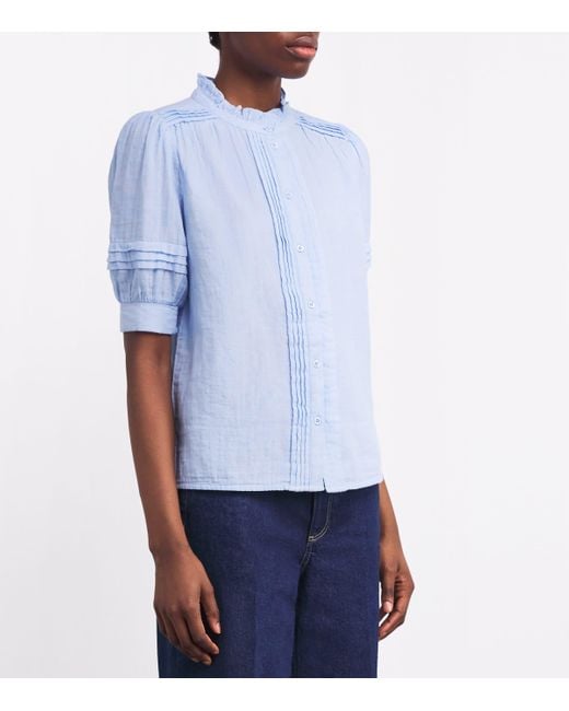 ME+EM Blue Cotton Frill-Trim Blouse