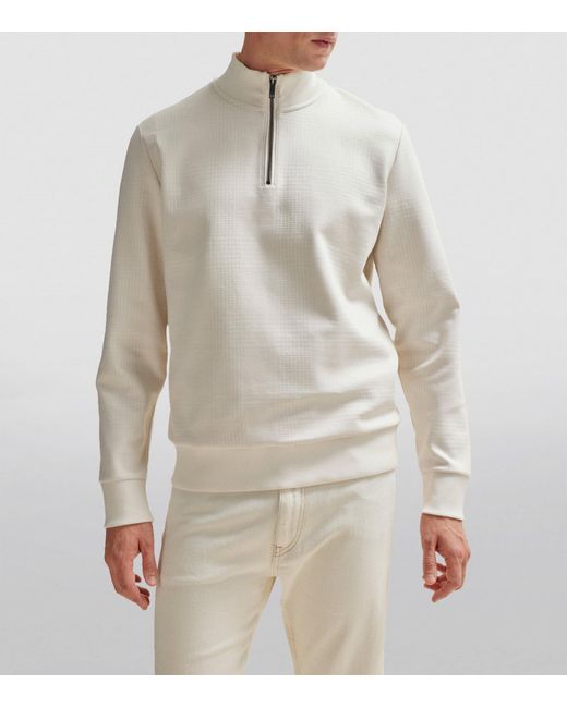 Boss White Cotton-Blend Zip-Up Sweater for men