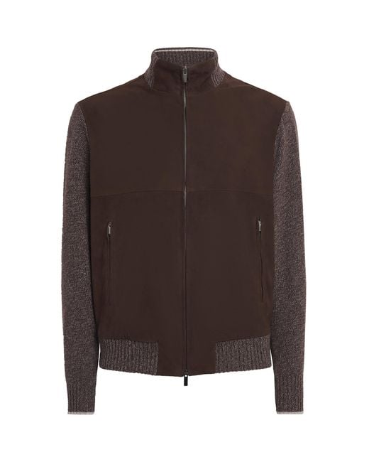 Paul & Shark Brown Suede Knitted-Sleeve Jacket for men