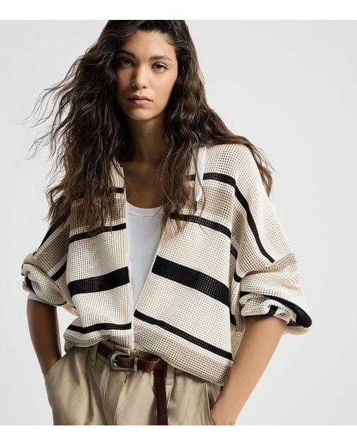 Brunello Cucinelli White Cotton Stripe Zip-Up Hoodie