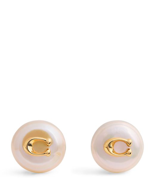 COACH Metallic Freshwater Pearl Signature Stud Earrings