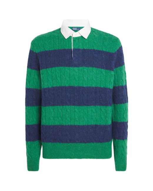 Polo Ralph Lauren Green Wool-Blend Stripe Cable-Knit Rugby Sweater for men