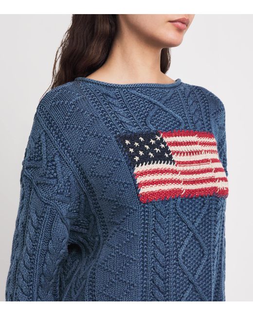 Polo Ralph Lauren Blue Cotton Aran-Knit Flag Sweater