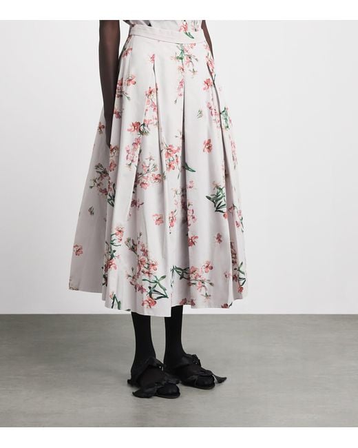 Erdem White Cotton Floral Pleated Midi Skirt