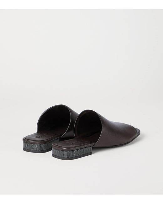 Brunello Cucinelli Brown Leather Monili-Trim Slippers