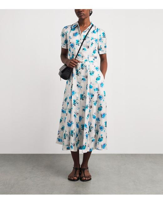 Tory Burch Blue Silk Floral Midi Shirt Dress