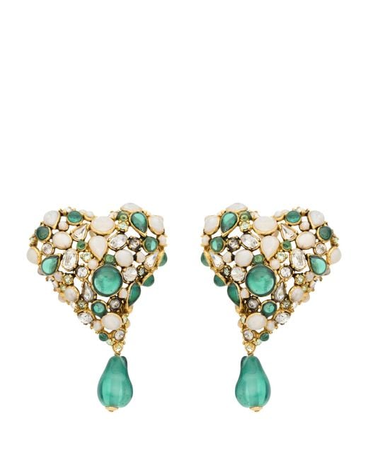 Saint Laurent Green Crystal Heart Earrings for men