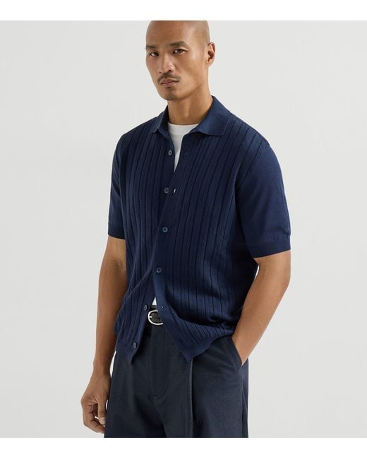Brunello Cucinelli Blue Cotton Ribbed Short-Sleeve Cardigan for men