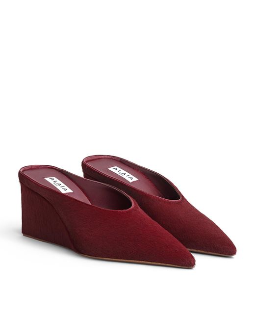 Alaïa Red Calf Hair Cube Wedge Mules 75