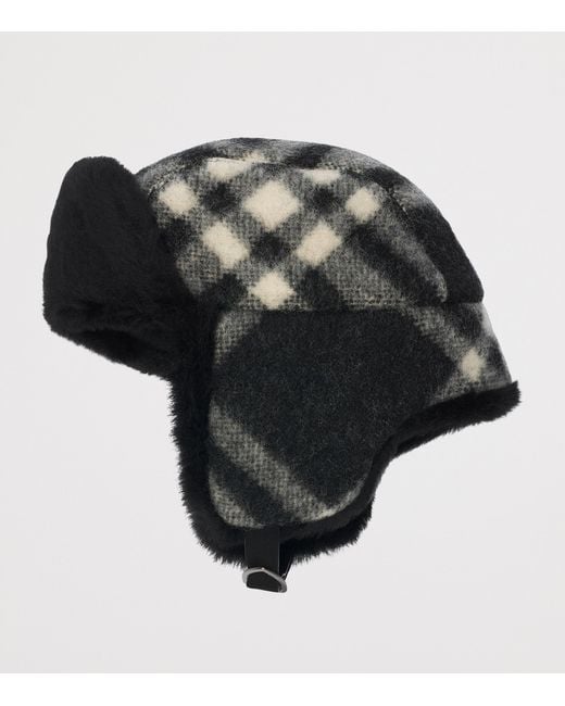 Burberry Black Wool Check Trapper Hat for men