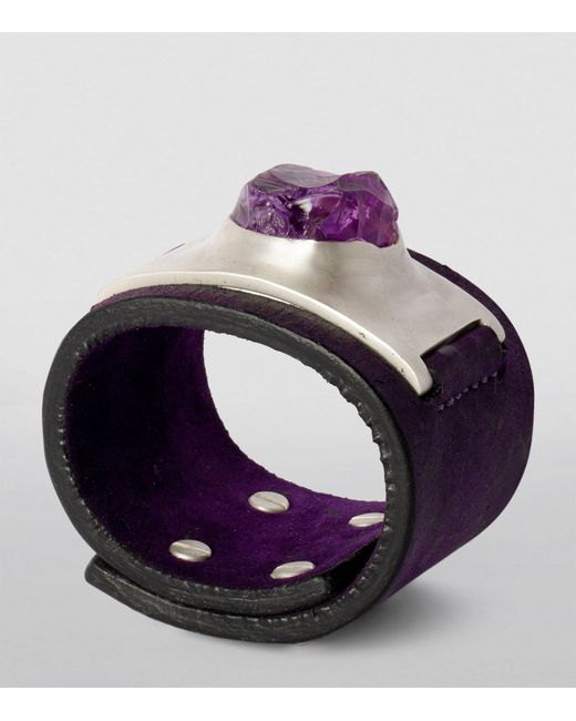 Parts Of 4 Purple Silver-plated Brass And Amethyst Leather Amulet Cuff