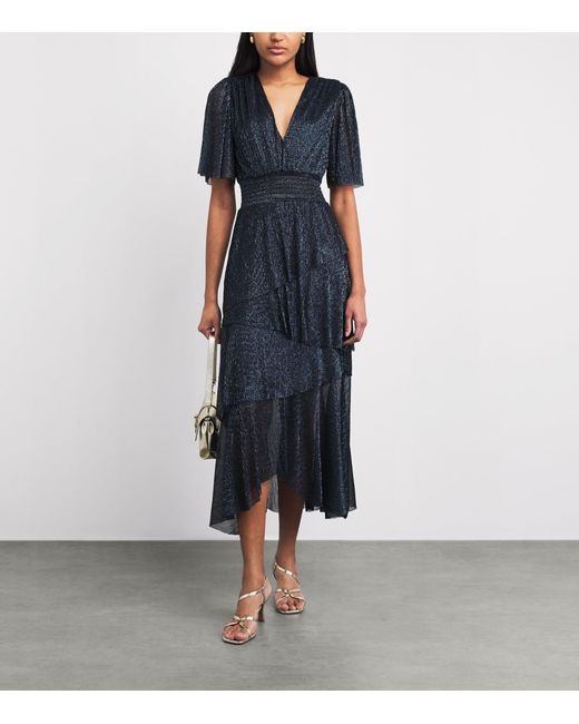 Maje Blue Metallic Pleated Midi Dress