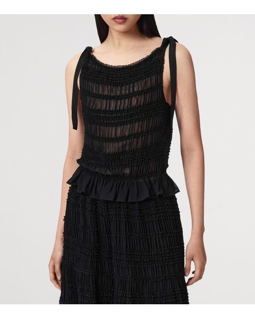 AllSaints Black Shirred Boat Neck Lotus Top