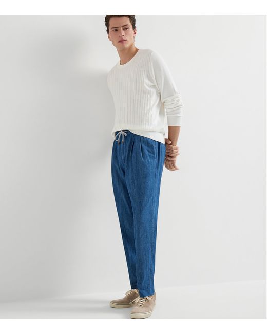 Brunello Cucinelli Blue Denim Drawstring Trousers for men