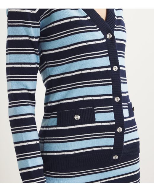 Alessandra Rich Blue Wool Crystal-Embellished Striped Cardigan