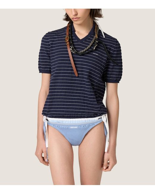 Miu Miu Blue Cotton Stripe Polo Sweater