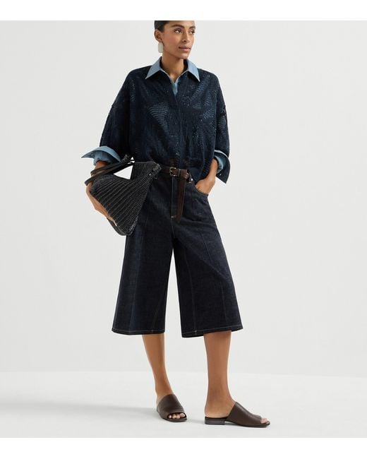 Brunello Cucinelli Blue Linen-Cotton Embellished Polo Sweater