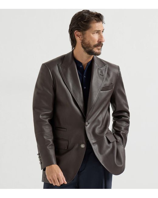 Brunello Cucinelli Blue Leather Single-Breasted Blazer for men
