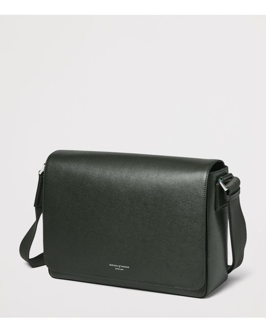 Aspinal Black Leather Reporter Messenger Bag for men
