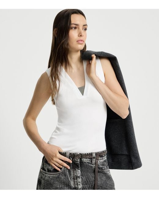 Brunello Cucinelli White Embellished Stretch-Cotton T-Shirt