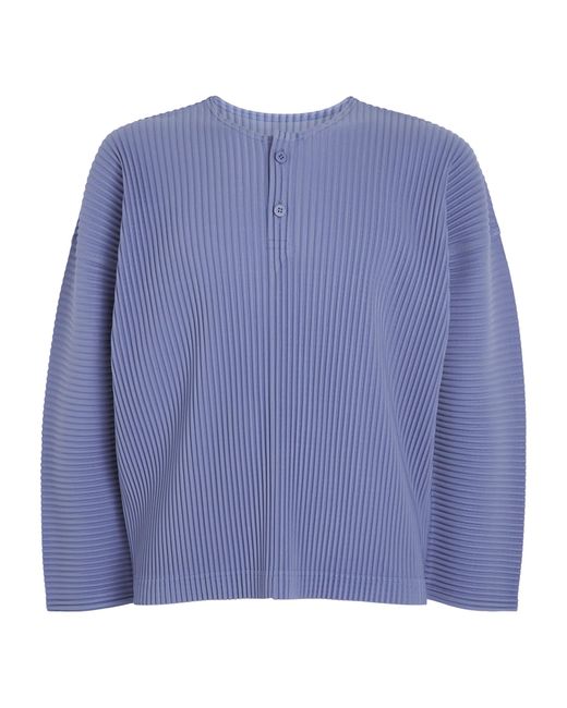 Homme Plissé Issey Miyake Blue Pleated Henley Shirt for men