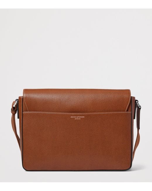 Aspinal Brown Leather Reporter Messenger Bag for men