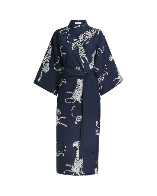 Olivia Von Halle Blue Cotton-Silk Cheetah Amaya Robe