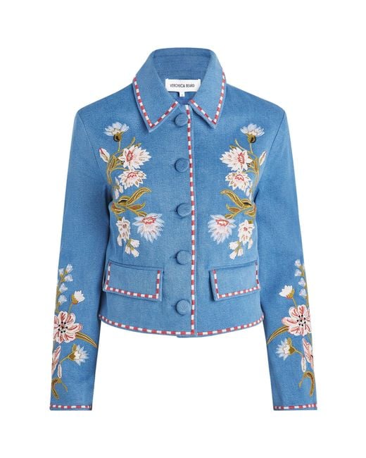 Veronica Beard Blue Embroidered Tailored Denim Jacket