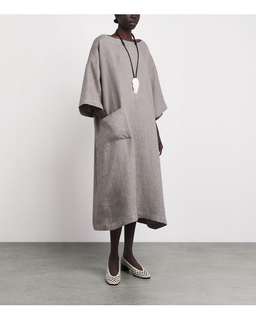 Eskandar Gray Linen Boat-Neck Midi Dress